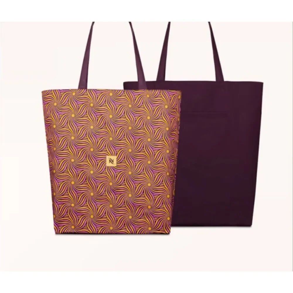 NWT Nespresso Limited Edition Festive Reversible Tote Bag Purple Gold Large